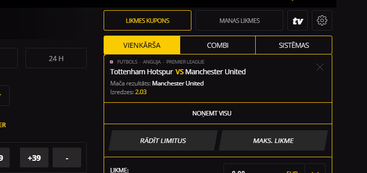 Izvēlēto likmju pievienošana likmju kuponam